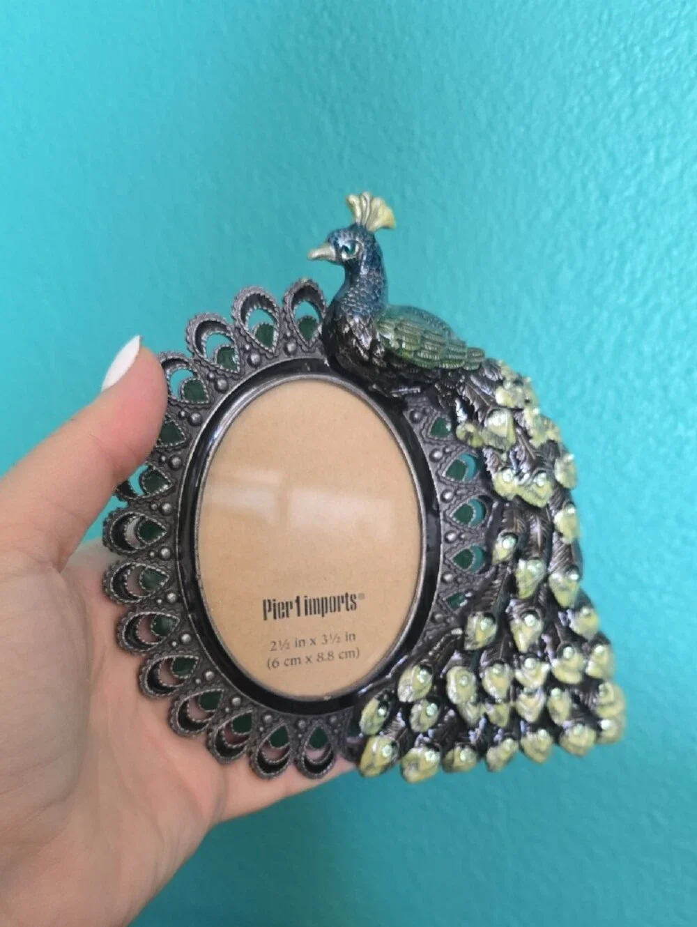 Pier 1 Green and Gold Peacock Oval Photo Frame 2.5